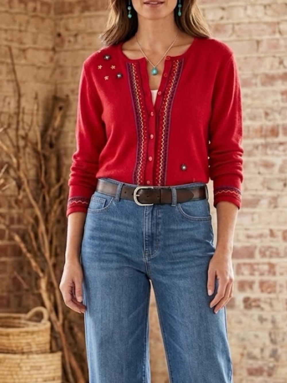 Chicos 3 (XL)Red knit Cardigan Sweater Boho Floral Embroidered Cottage core